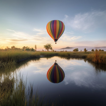 Colorful Hot Air Balloon Floating over Scenic Landscape at Sunriseの素材