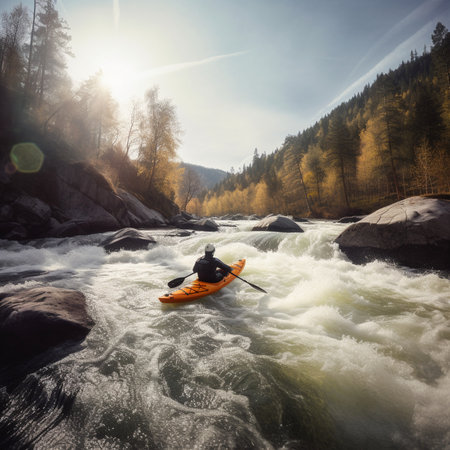Kayaking Adventure Thrilling Photograph of Paddling Through Rapidsの素材
