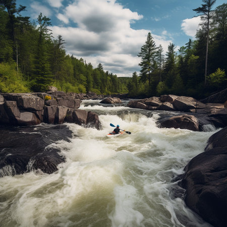 Kayaking Adventure Thrilling Photograph of Paddling Through Rapidsの素材