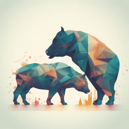 This image features a stylized image of a bull and bear, representing the stock market and financial trends. The bull represents a bullish market with rising stock prices, while the bear represents a bearish market with falling stock prices. The stylized design creates a visually appealing and memorable image.の素材