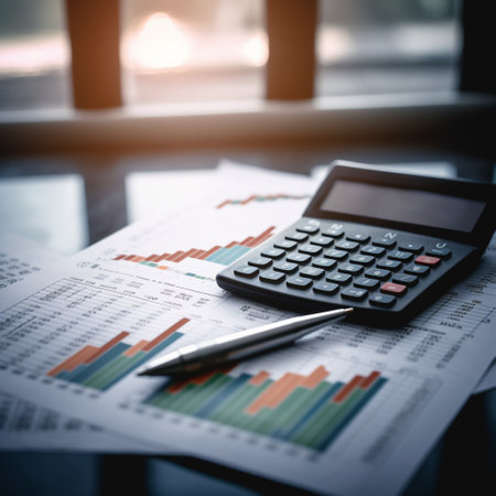 This image represents the importance of financial calculations and analysis. It features a calculator and pen with a financial report and charts in the background, indicating the role of data analysis in financial decision-making. The image can be used in a variety of financial contexts, such as financial reports, accounting, financial planning, and investment analysis.の素材