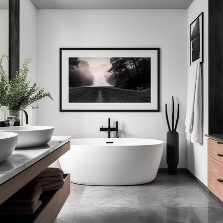 Indulge in the sleekness of this contemporary bathroom with a floating vanity and freestanding tub. The room also features a single frame mockup that highlights a black and white photograph or an abstract artwork, adding sophistication and elegance to the space. This space is the perfect oasis to relax and rejuvenate.の素材