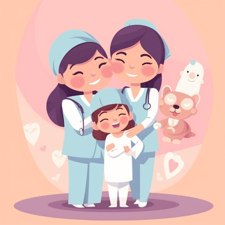 Celebrate International Nurses Day with this playful cartoon image! This vibrant image features cartoon characters in nurse outfits providing care and love to their patients.の素材