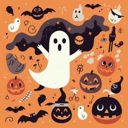 Get into the spooky spirit with this fun cartoon image! This festive image celebrate Halloween, with traditional decorations and symbols of ghosts, goblins, and other Halloween creatures.の素材