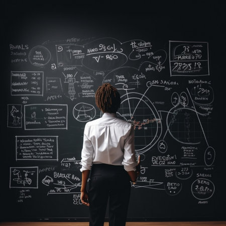 This image features a person standing in front of a chalkboard filled with financial formulas and equations, representing the idea of financial education and learning. The person represents the human aspect of financial education, while the chalkboard filled with financial formulas and equations represents the theoretical and practical aspects of financial management. The combination of these elements creates a sense of the importance of financial education and the application of financial theory in modern-day finance.の素材