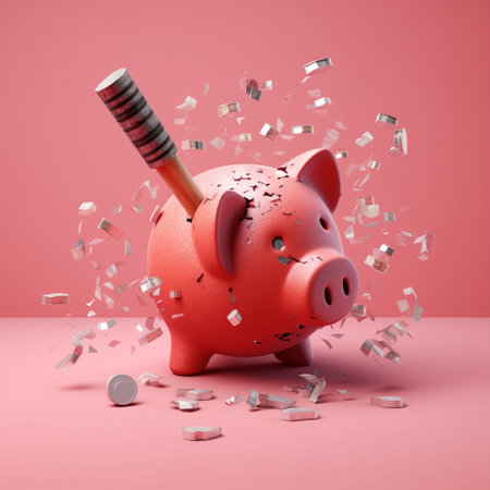 This image features a piggy bank with a hammer and scattered coins around it, symbolizing the idea of saving and breaking open the piggy bank to access funds. The piggy bank represents the act of saving and financial responsibility, while the hammer and scattered coins represent the act of accessing saved funds. The combination of these elements creates a sense of the importance of saving and the potential rewards of financial responsibility.の素材