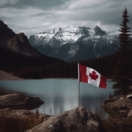 Celebrate National Flag of Canada Day with this stunning image of the Canadian flag waving proudly against a backdrop of mountains or lakes. The red and white color palette conveys a sense of national pride and unity, while the simple and uncluttered composition puts the flag front and center as the focal point of the image.の素材