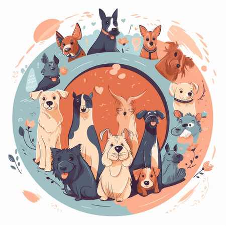 Celebrate the loyalty and love of mans best friend with this adorable cartoon image! This endearing image and breeds appreciating the companionship and joy of dogs, with traditional decorations and symbols of devotion and friendship.の素材