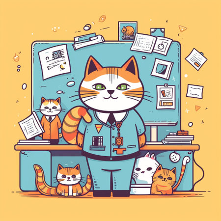 Celebrate the furry companions in our lives with this fun cartoon image! This playful image and professions bringing their beloved cats to work, with traditional decorations and symbols of cuteness and joy.の素材