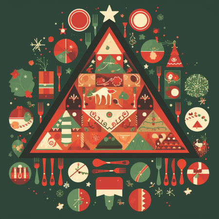 This image celebrates the spirit of Christmas, a holiday of joy and togetherness. The image incorporates elements such as Christmas trees, ornaments, and presents to convey the holidays festive and joyful nature. The color palette includes reds, greens, and golds to evoke the warmth and brightness of the holiday. In addition, the image features people sharing meals and spending time together, as well as Santa Claus and his reindeer to showcase the love and generosity of the season.の素材