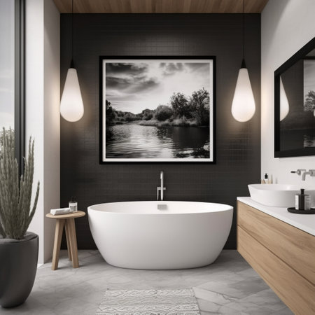Indulge in the sleekness of this contemporary bathroom with a floating vanity and freestanding tub. The room also features a single frame mockup that highlights a black and white photograph or an abstract artwork, adding sophistication and elegance to the space. This space is the perfect oasis to relax and rejuvenate.の素材