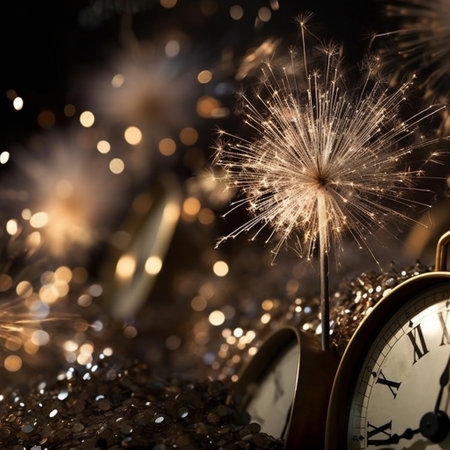 This image captures the excitement and anticipation of New Years Eve, a festive and celebratory holiday. The image incorporates elements such as fireworks, champagne, and clocks to convey the holidays excitement and energy. The color palette includes golds, blacks, and silvers to evoke the glitz and glamour of the holiday. In addition, the image features people counting down to midnight, as well as parties and gatherings to showcase the joy and togetherness of the occasion.の素材