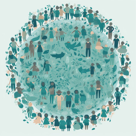 Join the celebration of World Water Day with this image of people of all ages and backgrounds coming together to celebrate the importance of clean water. The color palette of blues and greens conveys a sense of freshness and purity, while the composition style, centered around a body of water such as a lake or river, with people gathered around it in a circle or semi-circle, highlights the essential role that water plays in our lives and encourages us to protect it.の素材