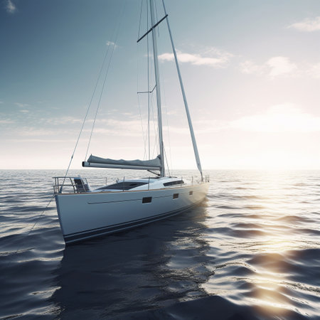 Escape to the high seas with this stunning depiction of a sleek and modern yacht sailing on the open sea. The yacht is well-equipped and luxurious, with stunning views of the surrounding ocean. The overall vibe is one of relaxation and escape, evoking feelings of tranquility and freedom. This image is the perfect representation of the power and potential of a yacht to provide an unforgettable and rejuvenating escape from the stresses of daily life.の素材