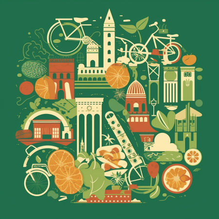 An image that celebrates Italys National Day. The composition features shades of green, white, and red, and includes elements such as the Italian flag, famous landmarks like the Colosseum and Leaning Tower of Pisa, and traditional Italian food like pizza and pasta. The composition reflects the cultural richness and diversity of Italy, and the artistic style is inspired by Italian Renaissance art.の素材