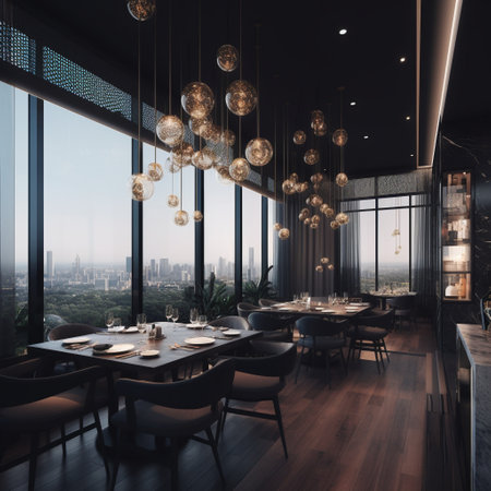 Indulge your senses with this stunning depiction of a high-end restaurant featuring luxurious decor and gourmet cuisine. The restaurant is well-lit and spacious, with stunning views of the surrounding cityscape. The overall vibe is one of sophistication and indulgence, evoking feelings of glamour and extravagance. This image is the perfect representation of the power and potential of fine dining to elevate the senses and delight the palate.の素材