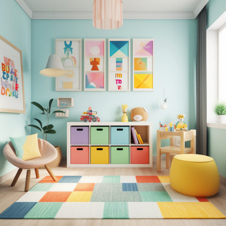 Create a fun and playful playroom with a storage system and a variety of toys and games. Use a gallery wall mockup to display colorful art prints or educational posters that inspire curiosity and creativity in your children.の素材