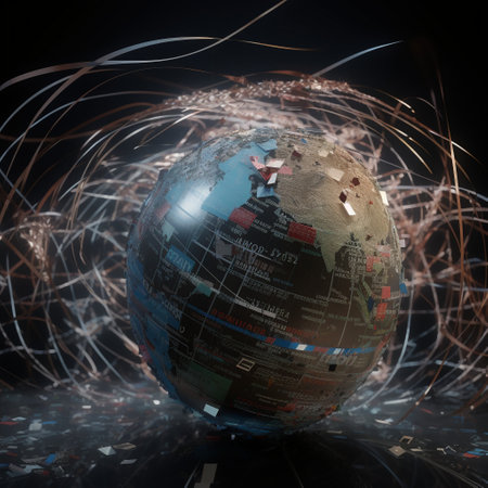 This image represents the idea of global finance and economy. It features a globe with a stock market ticker tape superimposed over it, indicating the interconnectedness of financial markets around the world. The image can be used in a variety of financial contexts, such as investment education, economic analysis, financial news, and financial marketing.の素材