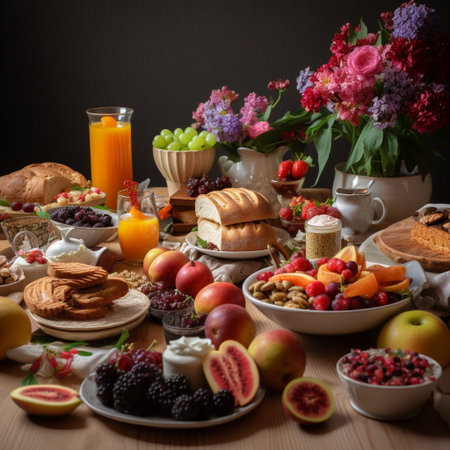 Celebrate the Jewish holiday of Shavuot with this festive holiday table! This inviting image features traditional foods and decorations in a warm and welcoming setting.の素材