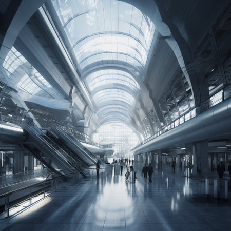 Experience the thrill and excitement of travel with this stunning depiction of a high-tech and efficient transportation hub, such as an airport or train station. The hub is well-organized and efficient, with a variety of transportation options available, adding to the overall feeling of travel and adventure. This image is the perfect representation of the excitement and possibility that come with travel, and its ability to inspire us with its boundless opportunities.の素材