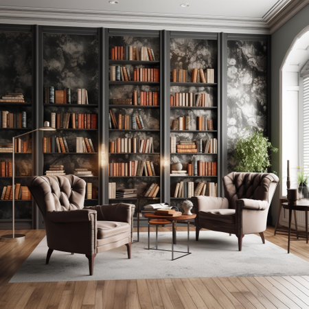 Create a sophisticated and inviting home library with a wall of books and comfortable reading chairs. Use a vertical frame mockup to display literary quotes or vintage illustrations that celebrate the joy of reading and learning.の素材