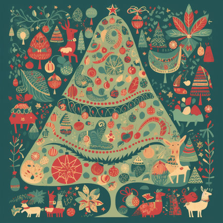 This image celebrates the spirit of Christmas, a holiday of joy and togetherness. The image incorporates elements such as Christmas trees, ornaments, and presents to convey the holidays festive and joyful nature. The color palette includes reds, greens, and golds to evoke the warmth and brightness of the holiday. In addition, the image features people sharing meals and spending time together, as well as Santa Claus and his reindeer to showcase the love and generosity of the season.の素材