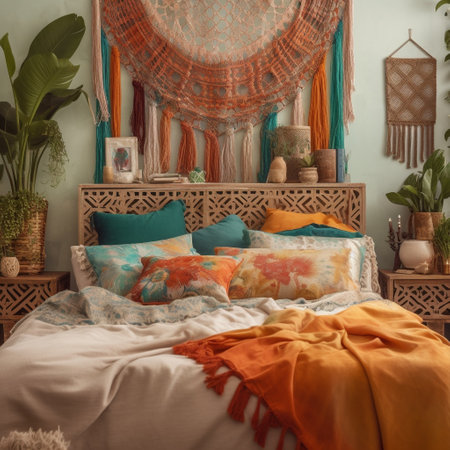 Embrace your free-spirited side with this bohemian bedroom featuring a macrame headboard and colorful textiles. The room also features a three frames mockup that displays travel photos or vintage postcards, reflecting the adventurous personality of the space. This room is the perfect sanctuary to dream and plan your next adventure.の素材