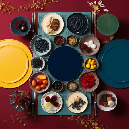 Experience the richness and abundance of Korean New Year with this image of a family gathered around a traditional table setting! The rich jewel tones in the color palette, including deep reds and blues, create a sense of warmth and hospitality, while the visually interesting arrangement of the family adds depth and interest to the composition.の素材