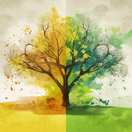 Experience the joy and beauty of the Spring Equinox with this image of nature coming back to life after the long winter. The fresh and vibrant color palette, featuring greens and yellows, evokes a sense of renewal and growth. The organic and fluid composition style captures the beauty of nature, with trees budding and flowers blooming in a visually interesting way. Its a celebration of the changing seasons and the wonder of the natural world.の素材