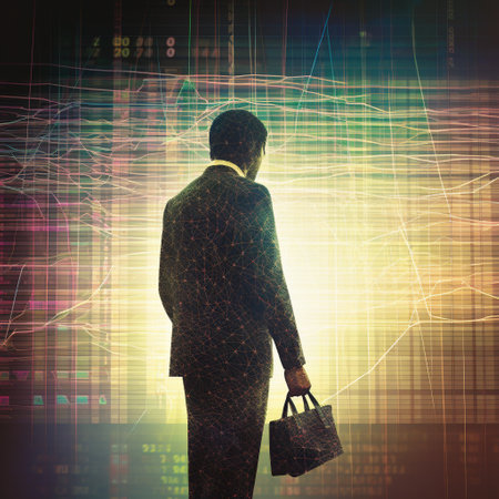 This image features a person holding a briefcase and standing in front of a stock market ticker tape, representing the intersection of finance and business. The person represents the human aspect of business, while the stock market ticker tape represents the financial aspect of business. The combination of these elements creates a sense of the importance of the integration of financial and business concepts in modern-day finance.の素材