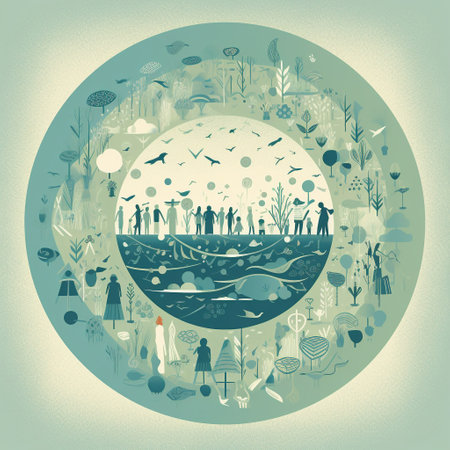 Join the celebration of World Water Day with this image of people of all ages and backgrounds coming together to celebrate the importance of clean water. The color palette of blues and greens conveys a sense of freshness and purity, while the composition style, centered around a body of water such as a lake or river, with people gathered around it in a circle or semi-circle, highlights the essential role that water plays in our lives and encourages us to protect it.の素材