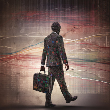 This image features a person holding a briefcase and standing in front of a stock market ticker tape, representing the intersection of finance and business. The person represents the human aspect of business, while the stock market ticker tape represents the financial aspect of business. The combination of these elements creates a sense of the importance of the integration of financial and business concepts in modern-day finance.の素材