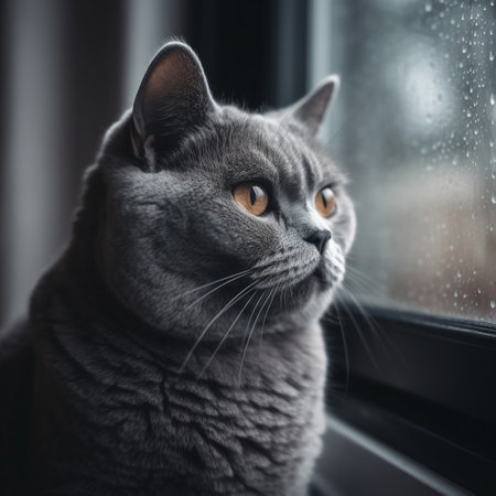 This image features a fluffy British Shorthair cat sitting on a windowsill, gazing out at a rainy day with a look of contentment on its face. With its thick coat of fur and adorable round face, this breed is a popular pet choice among cat lovers.の素材