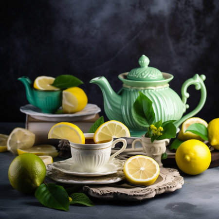 A teapot filled with hot green tea is surrounded by a plate of delicate tea cups. The tea is light and refreshing with a fresh and vegetal aroma and a hint of sweetness. The tea is garnished with a slice of fresh lemon, which adds a bright and refreshing touch to the overall presentation.の素材