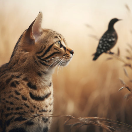 A curious Savannah cat with a distinctive spotted coat and long, lean build watches a bird in the distance, resembling a miniature leopard.の素材