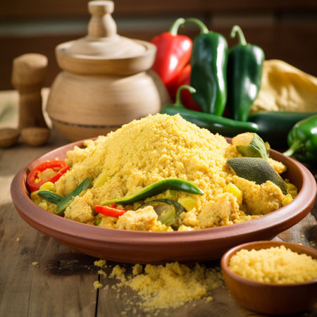 Experience the flavors of Antigua and Barbuda with Fungee - a savory dish made from cornmeal and okra. This authentic Antiguan dish is perfect for a cozy dinner, with the tender and savory Fungee complementing the stewed vegetables. Taste the unique flavors of this dish, enhanced by traditional Antiguan ingredients such as callaloo or saltfish.の素材