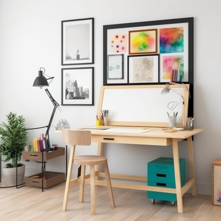 Create a creative studio with a drafting table and a variety of art supplies. Use a horizontal frame mockup to showcase inspirational quotes or colorful art prints that encourage experimentation and creativity.の素材