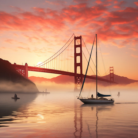 Prepare to be captivated by this artwork showcasing a jaw-dropping perspective of the Golden Gate Bridge at sunrise, enveloped in a mystical haze. The iconic bridge emerges ethereal, with its vibrant red color intensified against the backdrop of a pastel-colored sky. A lone sailboat gracefully glides beneath, adding a sense of calm and serenity to the scene. This image truly captures the magnificence of the bridge, invoking a profound sense of awe and wonder. The reactions to this artwork will be a mixture of admiration, longing, and an overwhelming desire to visit San Francisco and experience the iconic beauty firsthand.の素材