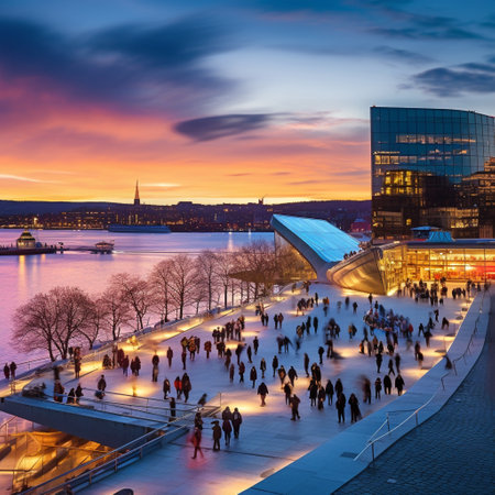 Experience the awe-inspiring beauty of Oslo at sunset with this breathtaking panoramic view. The image showcases iconic landmarks such as the Oslo Opera House and the Vigeland Sculpture Park, with vibrant colors illuminating the cityscape. Immerse yourself in the vibrant energy and unique charm of the Norwegian capital as you witness the hustle and bustle of people strolling along the waterfront promenade, taking in the stunning scenery. To tantalize your taste buds, the image incorporates elements of authentic Norwegian cuisine, featuring a plate of delicious seafood or traditional dishes set on a table against the backdrop of the cityscape. Let this image ignite your desire to explore and uncover the remarkable wonders of Oslo in just 24 hours.の素材