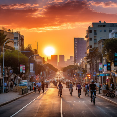 Experience the vibrant energy of Tel Aviv with this image of a bustling street at sunset. The city comes alive with vibrant colors and a mix of locals and tourists, creating a lively and captivating atmosphere. In the background, you can spot various landmarks such as the iconic Tel Aviv promenade, colorful street art, and bustling market stalls. The image captures the essence of the city, with lively people, bicycles, scooters, and mouthwatering street food adding to the excitement. Let this image transport you to Tel Aviv, evoking a sense of adventure, cultural immersion, and longing for an unforgettable day in the city.の素材