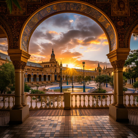 Experience the magical allure of Seville through this captivating image that showcases the city's enchanting beauty. Let your senses come alive as you immerse yourself in the vibrant colors and mesmerizing architecture. The picturesque view of the Alcazar takes center stage, exposing its majestic splendor. Surrounding the scene are charming local eateries, enticing viewers with authentic tapas and a taste of the local cuisine. Explore the hidden gems of Seville and indulge in breathtaking views that evoke a sense of wanderlust. This image captures the essence of Seville, leaving viewers longing to immerse themselves in the city's rich history and vibrant culture.の素材