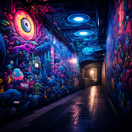 Discover the hidden gem of Tokyo's bustling metropolis with this ethereal image. Journey beneath the city's vibrant streets to an enchanting underpass adorned with intricate street art. Mesmerizing passersby with its vibrant colors and otherworldly charm, this underpass is a testament to the artistic spirit of Tokyo. Embrace the sense of adventure as whimsical creatures inspired by Japanese folklore come to life in the artwork. From mischievous kitsunes playing amongst cherry blossoms to mystical dragons soaring through a starlit sky, this scene evokes wonder, curiosity, and enchantment. Allow yourself to be transported to a captivating and lesser-known world within Tokyo's urban landscape.の素材