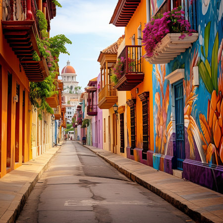Step into the vibrant world of Cartagena with this image of a bustling street filled with lively characters, vibrant colors, and a lively atmosphere. The traditional Colombian music fills the air as locals and tourists dance and celebrate together, creating a sense of joy and unity. The city's famous colonial architecture serves as the backdrop, adorned with breathtaking street art that depicts the vibrant history and culture of Cartagena. This image captures the essence of the city, evoking emotions of joy, wonder, and a strong desire to explore and experience the enchanting destination of Cartagena.の素材