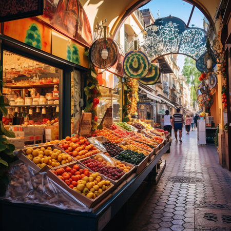 Immerse yourself in the lively ambiance of a bustling market street in Seville, Spain. This vibrant mosaic captures the energy of locals and tourists as they indulge in delicious, budget-friendly street food. Surrounding them is a kaleidoscope of vibrant architecture that adds to the lively atmosphere of this remarkable city.の素材