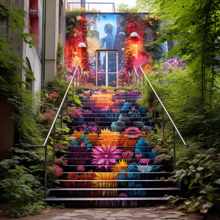 Prepare to be amazed by this surreal and mind-bending image featuring a hidden gem in Berlin. In this fantastical scene, a staircase defies gravity as it hangs suspended in mid-air, leading to an enigmatic door adorned with vibrant street art. As the door partially opens, it reveals a lush and otherworldly secret garden on the other side. Immerse yourself in the beauty of this garden, filled with bright and exotic flowers, towering trees with intertwined branches, and whimsical creatures. Amongst the flora and fauna, a small group of people dressed in eclectic attire can be seen, engaging in mysterious and enchanting activities. Their expressions range from awe to curiosity, beckoning viewers to imagine the extraordinary adventures and hidden wonders that await them inside this extraordinary hidden gem of Berlin.の素材