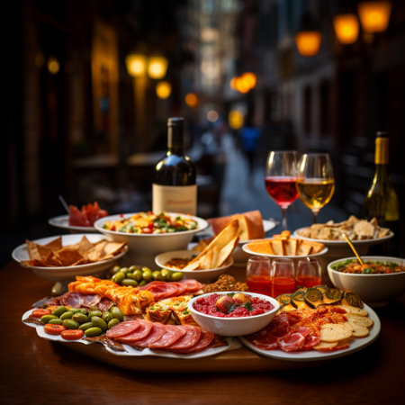Experience the vibrant atmosphere of this Madrid tapas bar through this mesmerizing image. The bar is alive with activity as locals and tourists gather to indulge in the culinary delights it has to offer. The colorful array of small plates bursting with flavors is paired with glasses filled with rich Spanish wines, adding to the gastronomic extravaganza. The expressions of the patrons range from sheer delight to awe as they savor every flavorful bite and sip.の素材