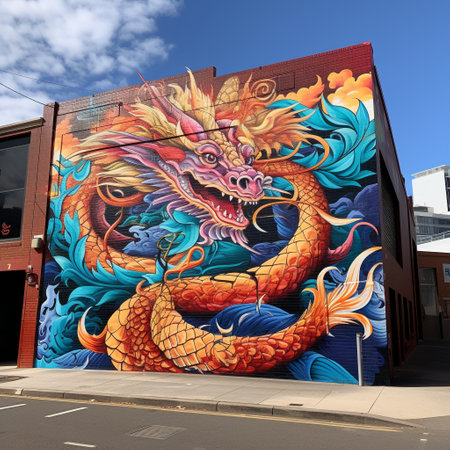 Be prepared to be amazed by this larger-than-life mural of a mythical creature in one of Melbourne's iconic laneways! The mural features a colorful dragon, skillfully painted on a building, capturing the imagination of viewers. The dragon's scales are meticulously depicted using intricate stencil work, adding depth and texture to its vibrant design. It is showcased in mid-flight, surrounded by swirling clouds, symbolizing the limitless creativity found in Melbourne's street art scene. Bathed in warm, golden light, the mural stands out against the gritty urban backdrop, creating a captivating and mesmerizing scene that will leave viewers in awe.の素材