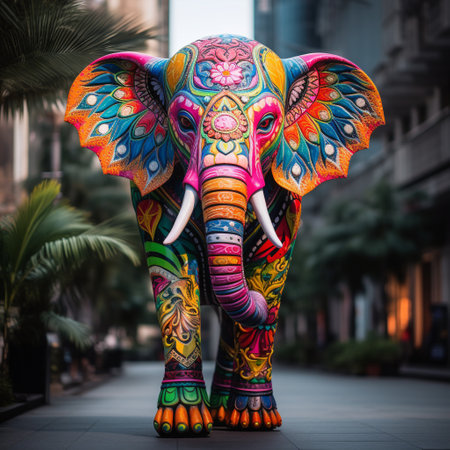 Witness the breathtaking sight of a towering elephant painted with vibrant colors as it gracefully strolls along the crowded streets of Mumbai. Adorned with ornate patterns inspired by traditional Indian art, this awe-inspiring creature attracts a multitude of amazed onlookers, filling their faces with wonder and excitement. Serving as a mobile art installation, the majestic elephant showcases the city's rich cultural heritage and vibrant spirit. As the sun sets, it comes to life, glowing with radiant luminescence and casting a spellbinding glow on the cityscape. Surrounding the elephant, iconic Mumbai landmarks rise high, their outlines illuminated against the evening sky. From the bustling streets of Colaba to the timeless beauty of the Gateway of India, every corner of this fascinating metropolis beckons you to embark on an unforgettable journey that will leave you in awe.の素材