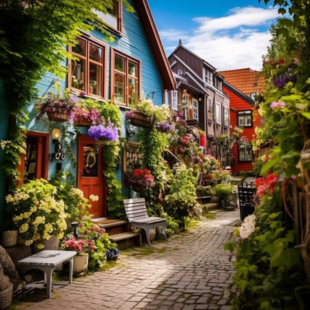 Discover the hidden gems and local delights of Oslo through this enchanting image. Immerse yourself in the atmosphere of a picturesque neighborhood cafe tucked away in a charming corner of the city. Surrounding the cafe, vibrant flowers add splashes of color, creating a captivating scene. Take a glimpse into an open secret garden nearby, adorned with whimsical sculptures and a hidden pathway that leads to an off-the-beaten-path museum. This image perfectly captures the rich history and culture of Oslo, and the tantalizing dishes on display at the cafe pay homage to Norwegian cuisine. Get ready to be mesmerized by this image, as it unveils Oslo's best-kept secrets and leaves you longing to uncover more.の素材
