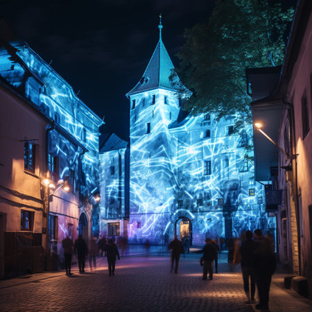 Immerse yourself in the unexpected contrast of Tallinn's Old Town, where ancient architecture intertwines with eerie and otherworldly holographic projections. This captivating image captures the juxtaposition of a medieval building adorned with centuries-old symbols, as ethereal holograms of modern-day street art dance across its walls. Gaze upon the merging of the past and the future, evoking a sense of awe and wonder as you grasp the beauty and mystery of Tallinn's rich history merging with futuristic technologies.の素材